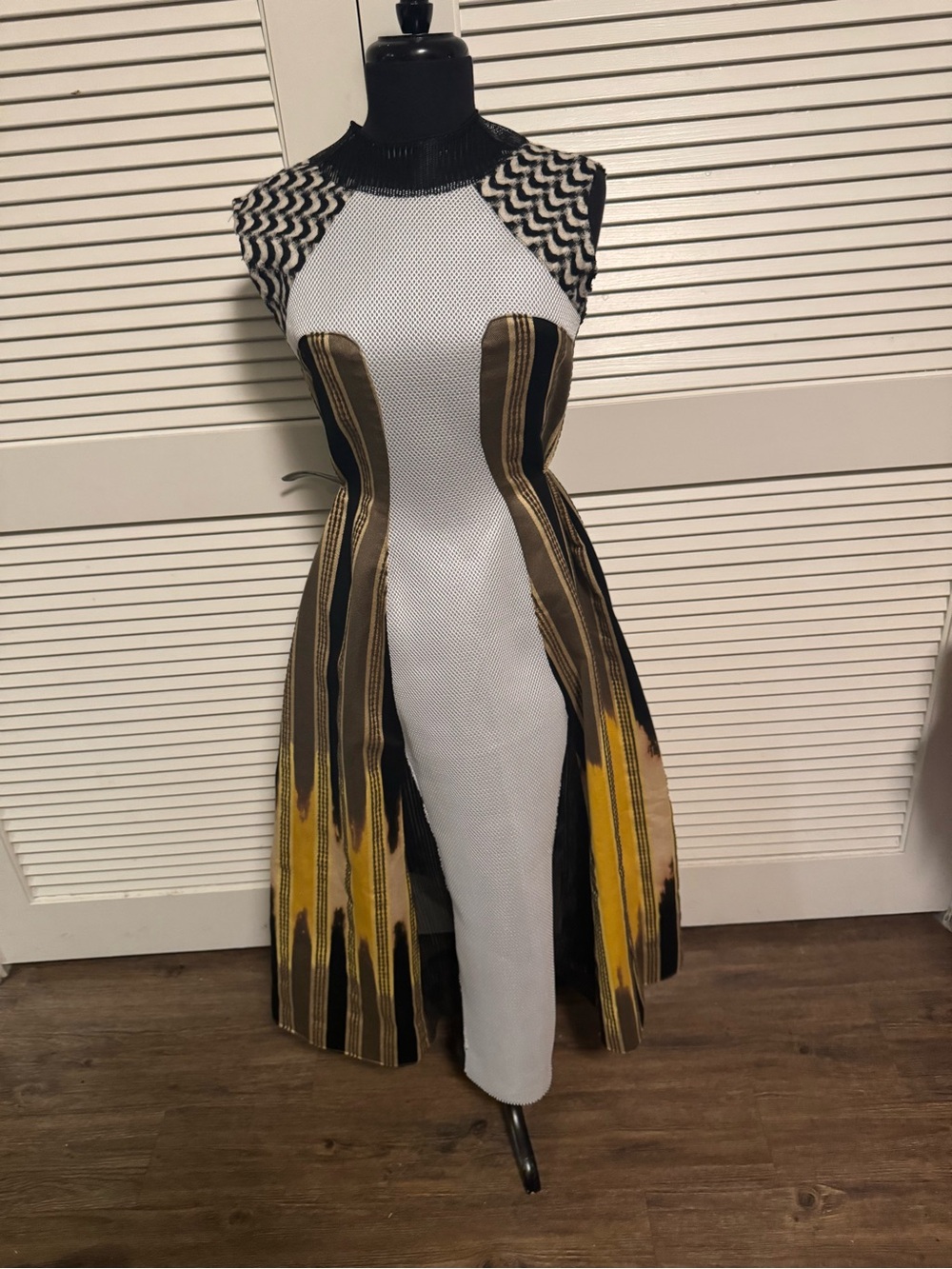 Sleeveless White Midi Dress with Yellow and Black Panel Accents